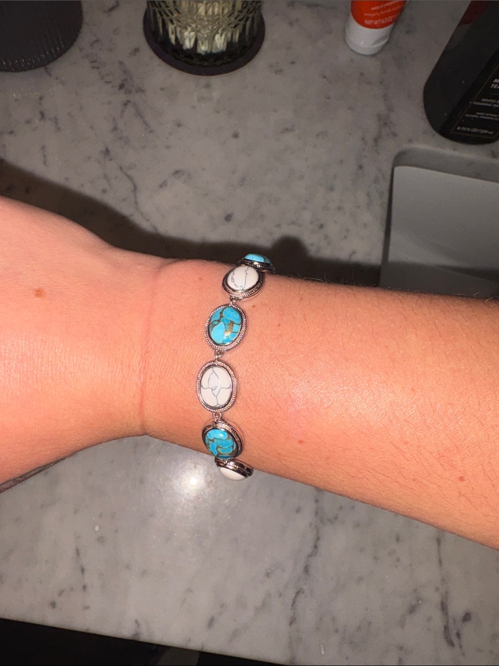 Silver Turquoise & White Stone Oval Link Bracelet